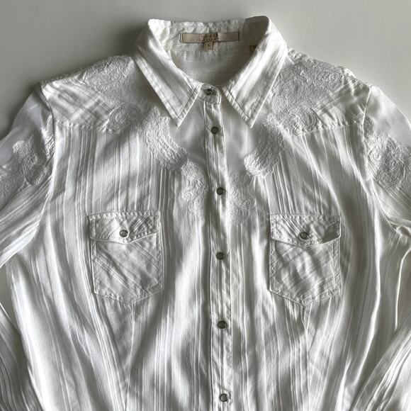 Y2K Guess White Mesh Embroidery Snap Button Women's Shirt Size L - Picture 6 of 16